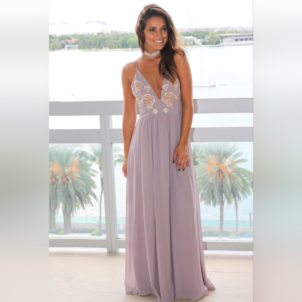 WINTER GRAY MAXI DRESS WITH FLORAL EMBROIDERY